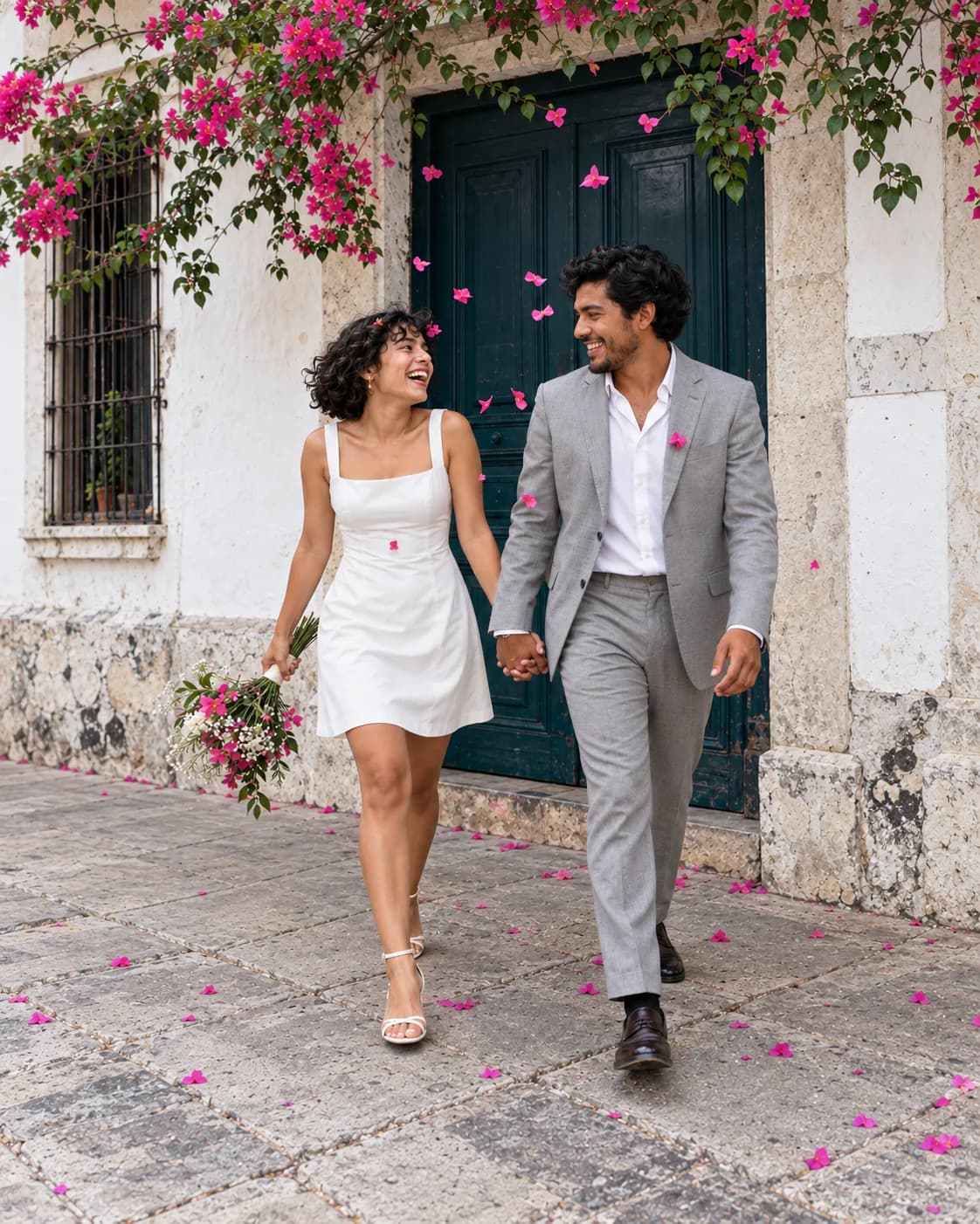 Pareja recién casada ríe mientras pétalos de bugambilia quedan suspendidos en el aire.