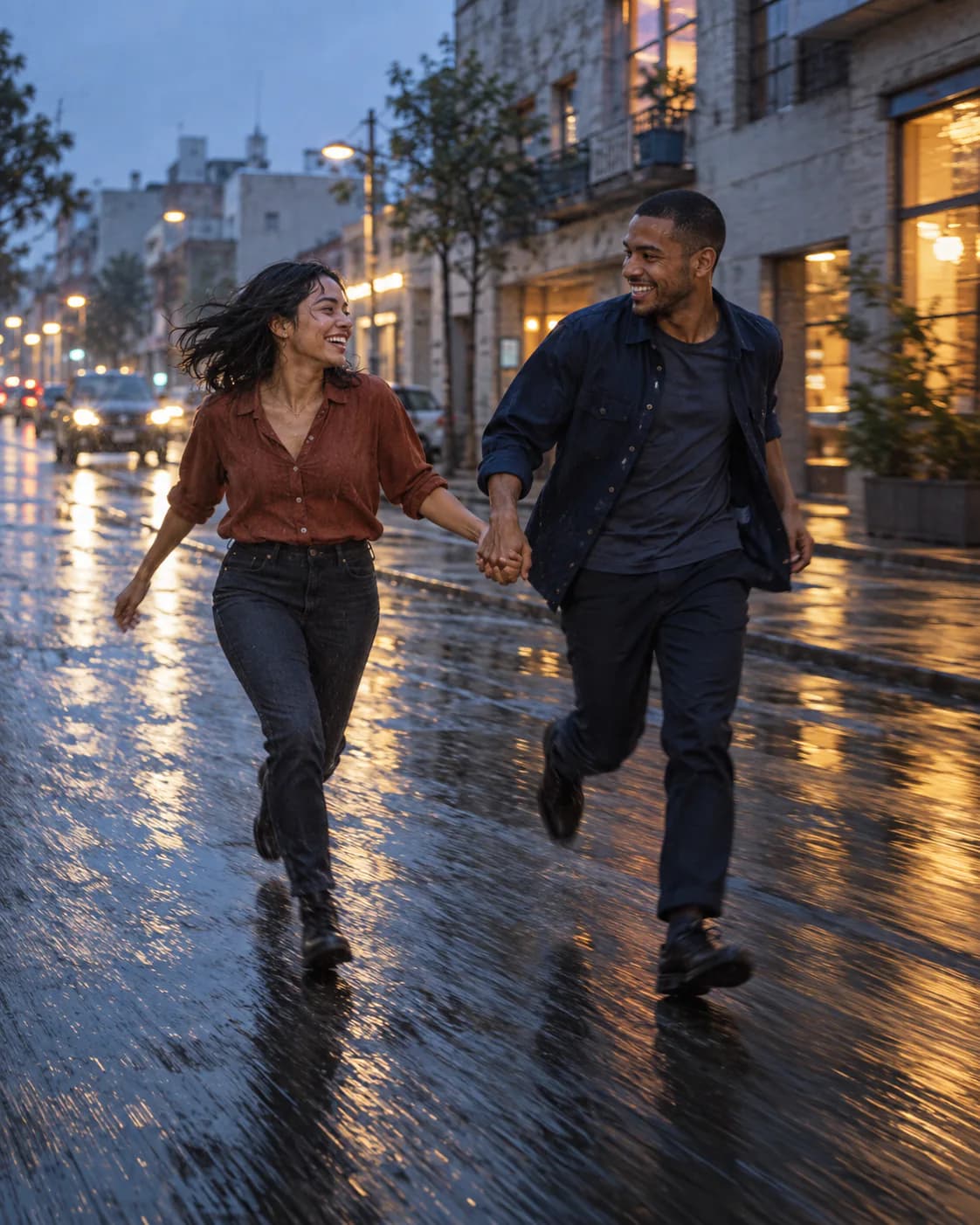 Pareja corre de la mano por una calle mojada al anochecer, entre luces de la ciudad.