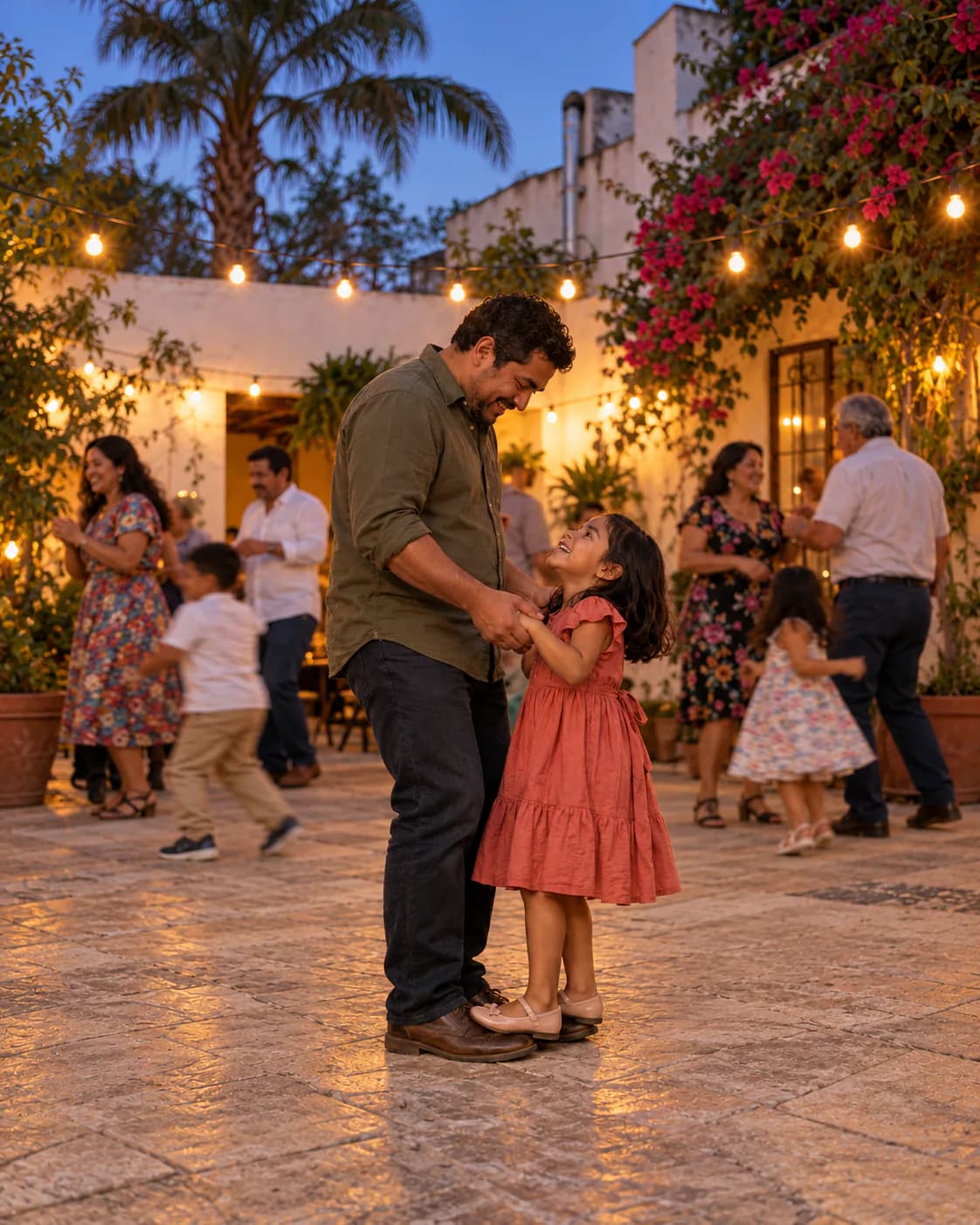 Una niña baila con su papá en un patio iluminado mientras la fiesta sigue a su alrededor.