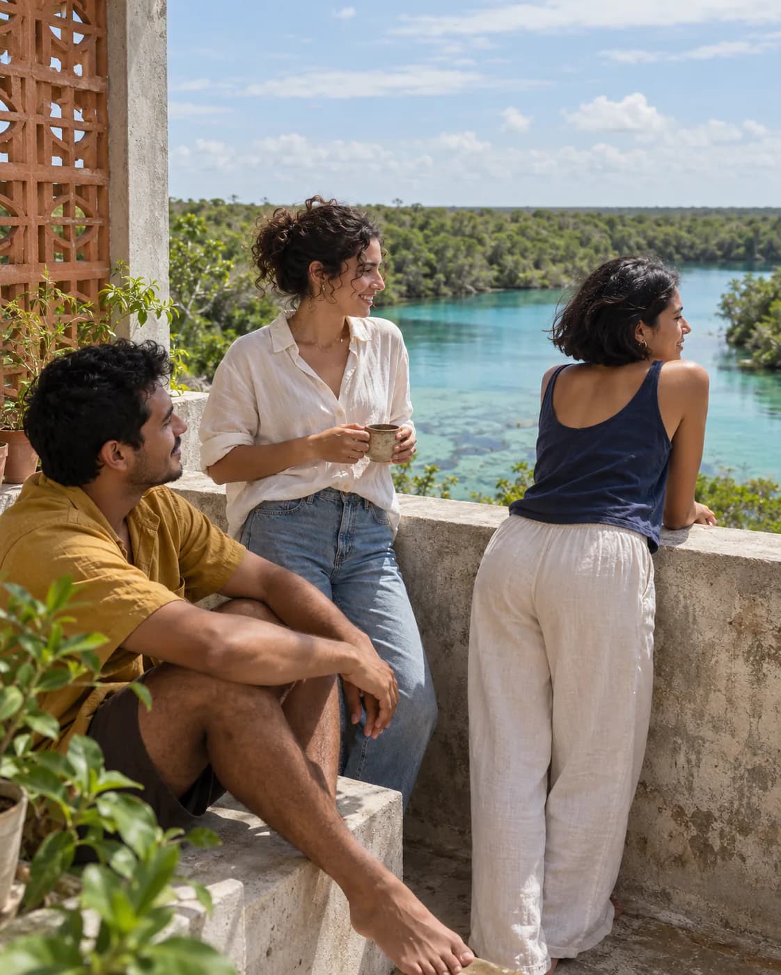 Tres amigos disfrutan una laguna turquesa desde una terraza de concreto y celosía.