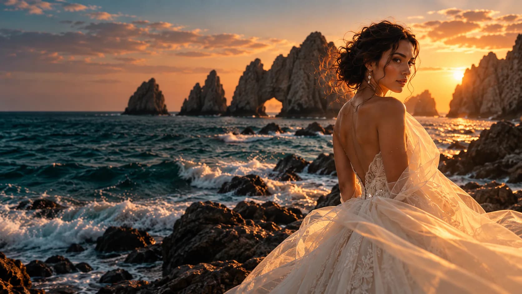 Novia con vestido marfil frente al mar y las formaciones rocosas al atardecer.